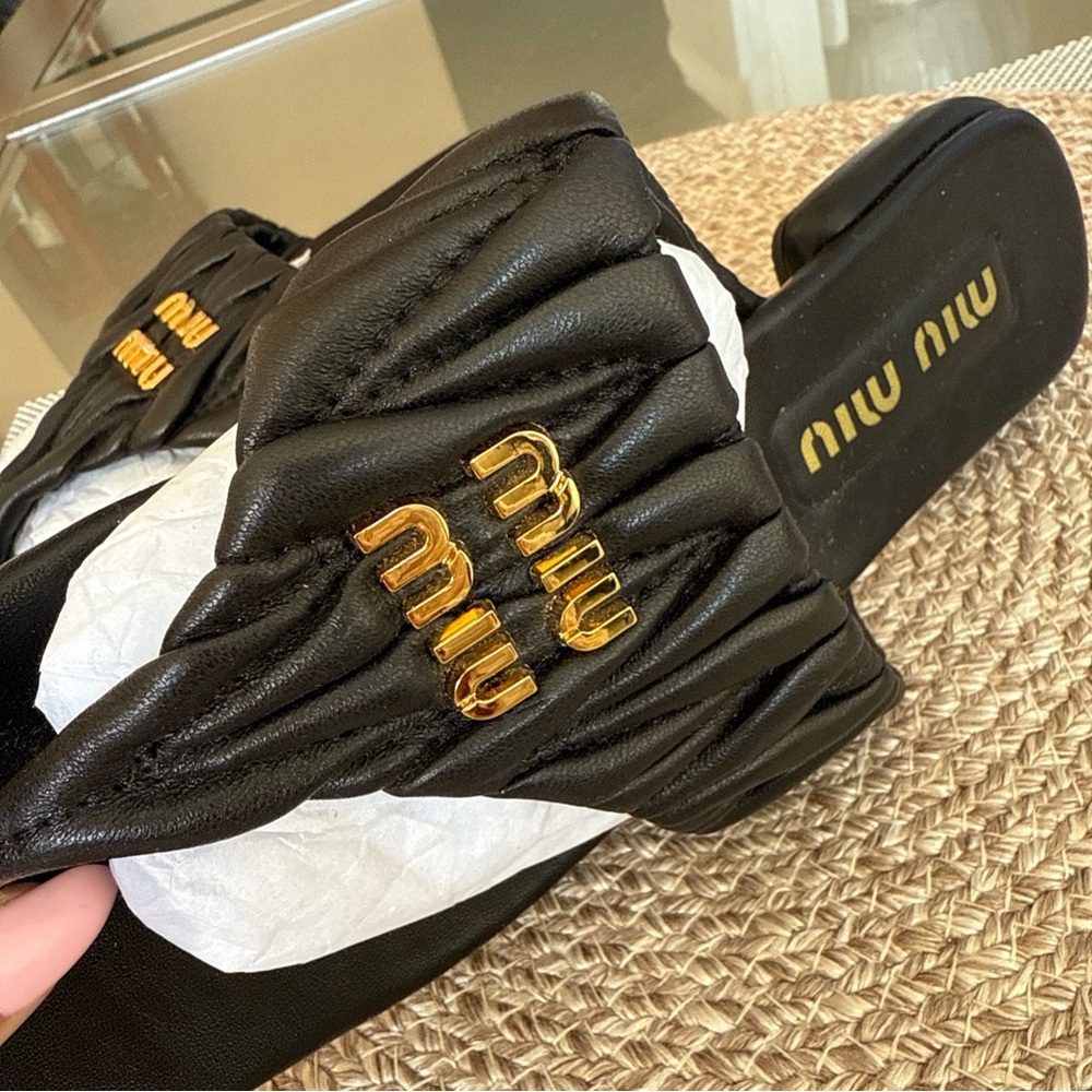 Miumiu flit flop  Black Sandals with Gold Accents - Picture 3 of 5